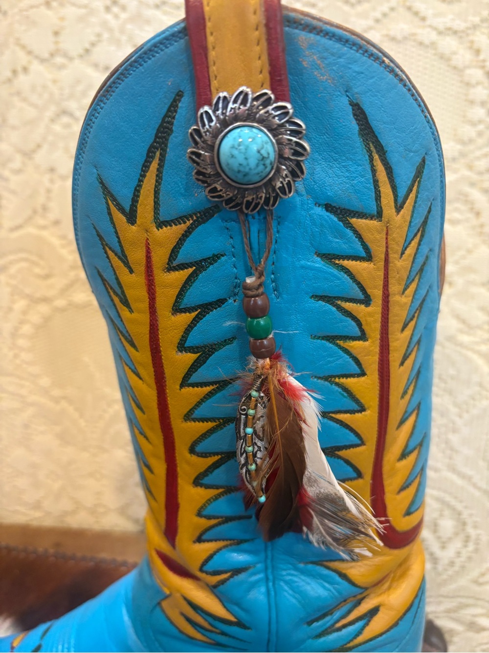 Hand Painted TonyLama Turquoise and Yellow Western Feathered Cowboy Boots size 8 - Picture 16 of 16